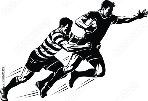 Two rugby players in action black and white illustration, rugby, sport, players, action, running, tackling, ball, game, competition, athletic, strength, power, movement, dynamic, black and white, illu