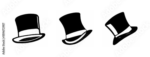 Set of three stylized black top hats with white bands, vector icons