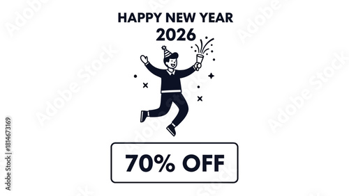 New Year Celebration Discount: A festive illustration announces a special New Year's offer, with a cheerful figure celebrating the upcoming year. It's an invitation to seize the moment.