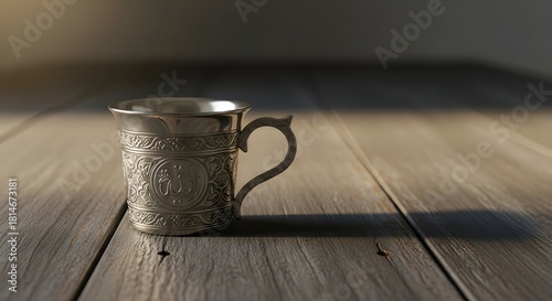 A minimalist shot of a single, ornate brass finjan on a weathered, dark wooden table. Evokes traditional Arabic coffee culture, hospitality, and serene simplicity.
