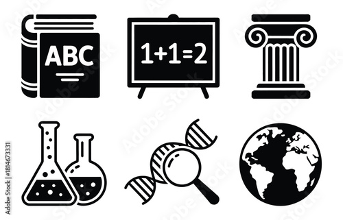 Set of Education Icons Depicting Knowledge Learning Study and Academic Disciplines with Book Board Column Beakers Dna and Earth Vector Illustration for School Subjects 199 Characters
