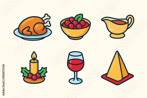 Festive Feast Icons. Holiday Feast flat icon set: roast turkey, cranberry bowl, gravy boat, candle centerpiece, wine glass, table napkin