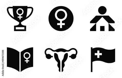 Set Of Female Gender Icons Vector Illustrations Represents Womanhood Femininity Reproductive Health Medical Symbol Trophy Sign Home Book Uterus Flag
