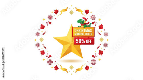 Christmas Offer: A captivating Christmas offer with a shining gold star as the focal point, framed by festive ornaments and a cheerful festive creature, radiating a sense of wonder and holiday joy.