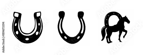 Classic horse and horseshoe black vector silhouettes collection