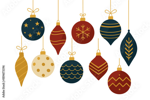 Elegant Christmas Ornaments. Collection of Christmas tree ornaments hanging elegantly, each with unique patterns. The arrangement includes baubles in varied shapes. Vector illustration