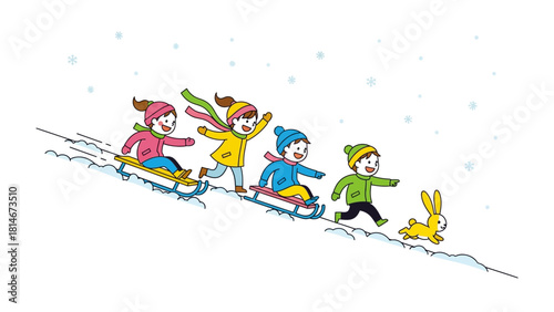 Winter Adventure: A group of children embarks on a winter adventure, sledding down a snowy hill. A lively rabbit excitedly joins the fun, creating a heartwarming scene.