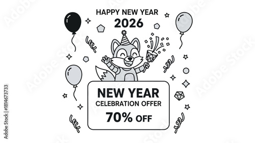 New Year Celebration Offer: Festive black and white illustration of a cheerful fox, celebrating the New Year with party elements, offering a generous 70% discount.