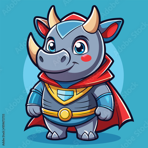 Adorable cartoon rhino superhero with red cape and blue armor