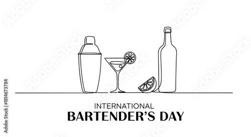 Outline illustration of cocktail shaker and drink for Bartender's Day  