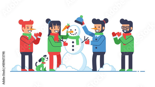 Building a Winter Wonderland: A group of friends and a canine companion collaborate to build a snowman, symbolizing friendship and holiday cheer during the winter season. 