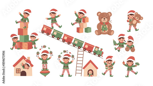 Christmas Elf Characters: A playful arrangement of festive elf characters, engaged in joyful activities with toys and holiday decorations.