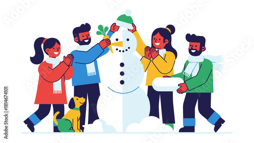 Snowy Day Assemblage: A group of friends and family build a snowman in the heart of winter, embodying the spirit of community and the joy of creating.