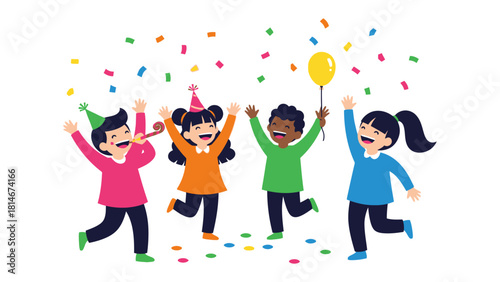 Celebration of Childhood: a delightful illustration captures children joyfully celebrating with confetti, party hats, and balloons, embodying the essence of pure delight and childhood wonder.