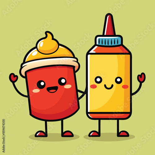 Adorable cartoon ketchup and mustard bottles holding hands with happy faces