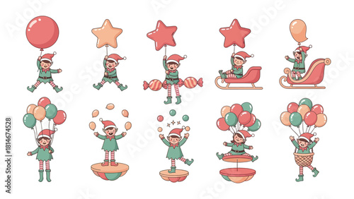 Whimsical Elf Delights: A collection of festive elves in a variety of joyful poses, each one bringing cheer and merriment to the scene, as they celebrate with balloons, and stars.