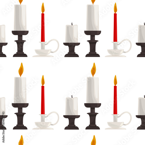 Seamless pattern row of candles with some of them lit on a white background