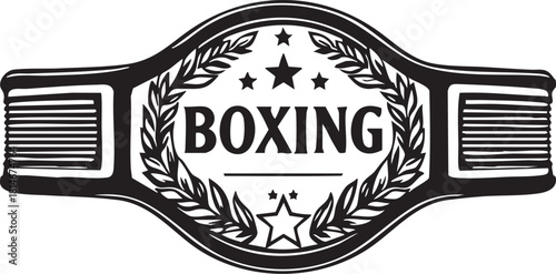 Boxing Championship Belt Vector Logo Emblem with Laurel Wreath and Stars Black and White Sports Design