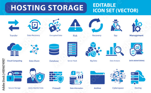 Hosting Storage & Cloud Computing Vector Icons | Data Security, Server, Firewall, and Big Data Management