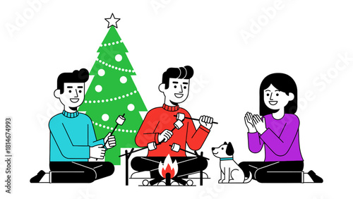 Holiday Campfire: Friends gather by a small fire on the ground during the holiday season, roasting marshmallows, enjoying each other's company in a festive atmosphere.