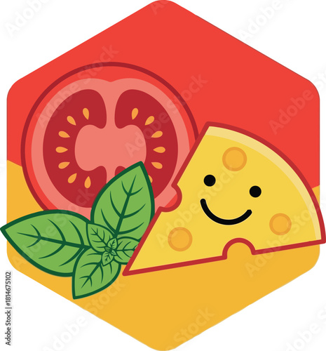 Cute pizza ingredients icon tomato cheese basil