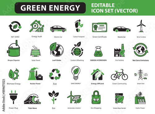 Green Energy & Sustainable Technology Vector Icons | Renewable Power, Eco-Friendly, and Climate Change Solutions
