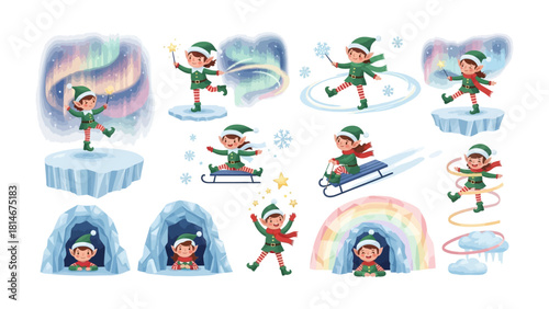 Whimsical Winter Elves: A collection of charming illustrations showcasing playful elves amid a magical winter landscape, complete with enchanting effects and festive charm.