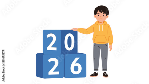New Year Vision: A young boy stands next to three blue cubes that make up the year 2026. A optimistic vision for the future, highlighting the possibilities