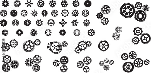Collection of black gear icons on white background