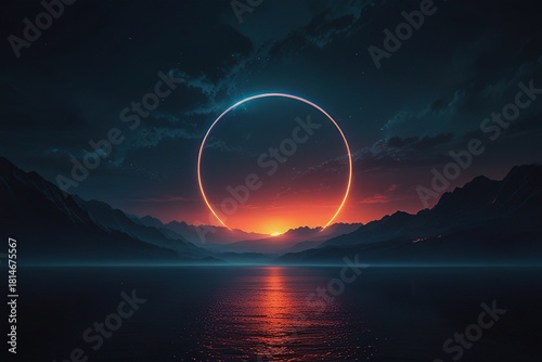 landscape illustration mountaiin with circle in the sky 