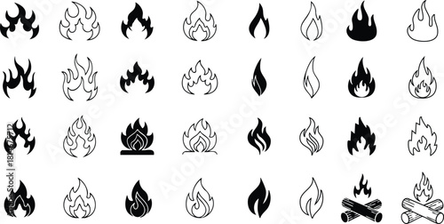 Collection of fire flames vector illustrations in black and white