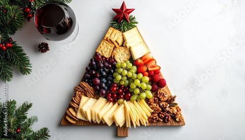 Christmas tree made of cheeses, meats, fruits, and herbs on dark background.
