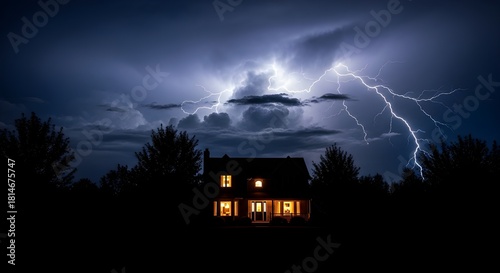 Lightning strikes near a house at night during a storm