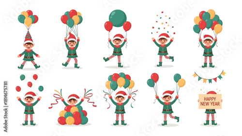 Festive Elves and Balloons: A whimsical illustration depicts various elves joyfully interacting with colorful balloons and confetti, adding a cheerful touch to festive celebrations.