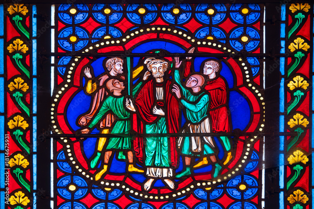Fototapeta premium Stained glass (19th century) of the Passion of Jesus: Christ in contempt or Derision of Christ.