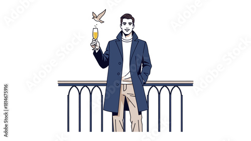 Elegant Toast: A distinguished individual, in a sophisticated overcoat, raises a glass of champagne, celebrating a moment of leisure. A symbol of sophistication and good life.