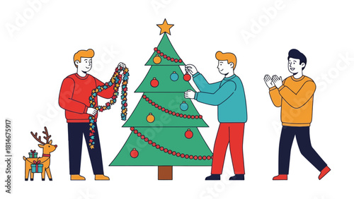 Decorating for the Holidays: A scene of individuals is busy to celebrate christmas season, adorning the tree with festive decorations and lights. The mood is full of anticipation and joy.