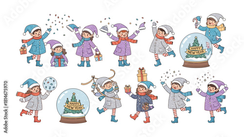 Winter Wonderland: A charming illustration featuring joyful children at play in a whimsical winter setting. They are wearing warm winter clothing, engaging in various winter activities. 