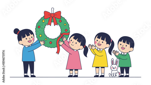 Holiday Cheer with Adorable Children: Four young children collaborate to hang a festive wreath, embodying the warmth, joy, and togetherness of the holiday season.