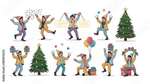 Joyful Holiday Celebrations: A lively ensemble of individuals joyfully celebrate the new year, embodying the spirit of festive merriment with gifts and decorations. 