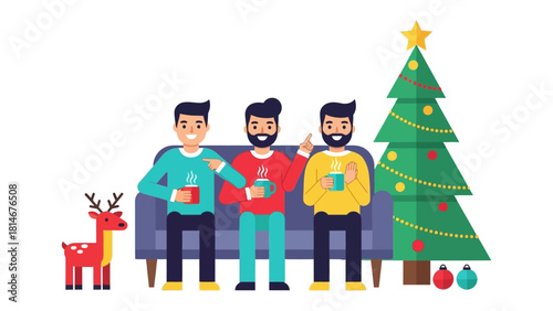 Festive Gathering of Friends: Three friends, brimming with cheer, share coffee cups on a cozy couch, alongside a decorated Christmas tree and playful reindeer, radiating warmth and friendship.