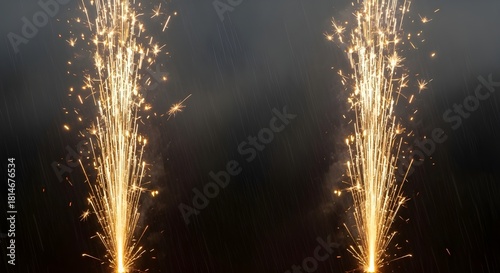 Two golden fountain fireworks against a dark background
