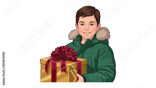 Joyful Gifting: A cheerful boy holds a beautifully wrapped gift box with a lovely red bow, portraying the pure joy of giving and receiving. 