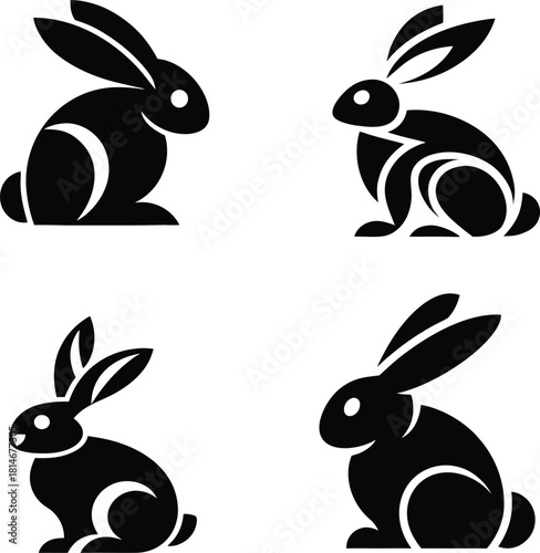 Solid black silhouette of a rabbit sitting with long ears, simple minimal vector clip art, isolated on transparent background. Cute animal symbol.