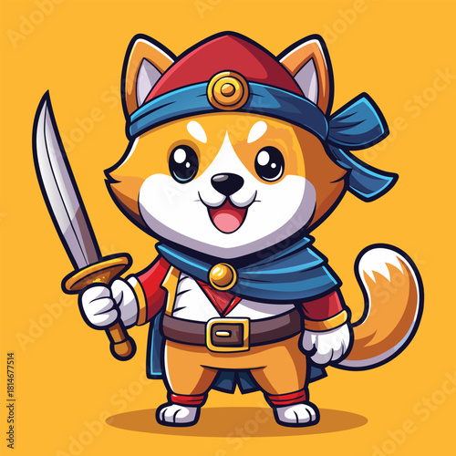 Cute cartoon shiba inu dog warrior with sword and pirate hat