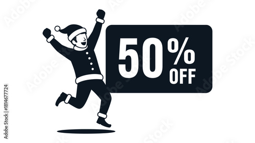 Festive Sale Extravaganza: A spirited cartoon figure leaps with glee beside a bold 50% OFF sign, perfect for promotions and sales events.