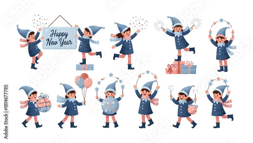 Whimsical New Year Elf: A cheerful ensemble of charming elves welcomes the New Year with festive joy, spreading cheer and enchantment.