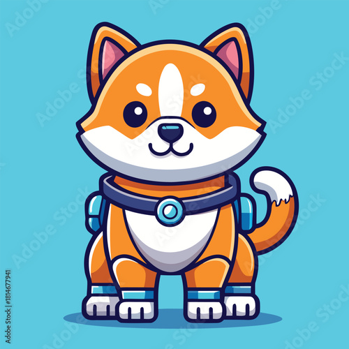 Adorable shiba inu dog wearing a futuristic collar and backpack