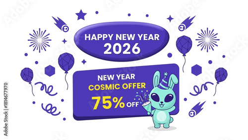 Cosmic New Year Sale: Festive illustration with a playful alien character advertising a special discount for the New Year, creating an optimistic outlook.