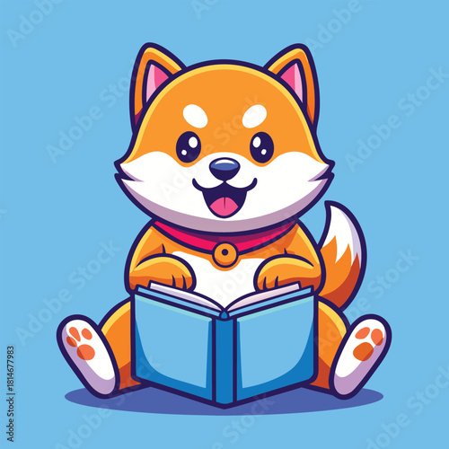 Adorable shiba inu puppy enthusiastically reads an open book on a blue background